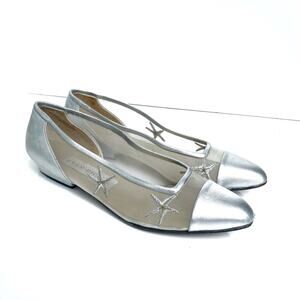Evan Picone Vintage Silver Mesh Flats | Made in Italy Metallic Star Detail | 90s